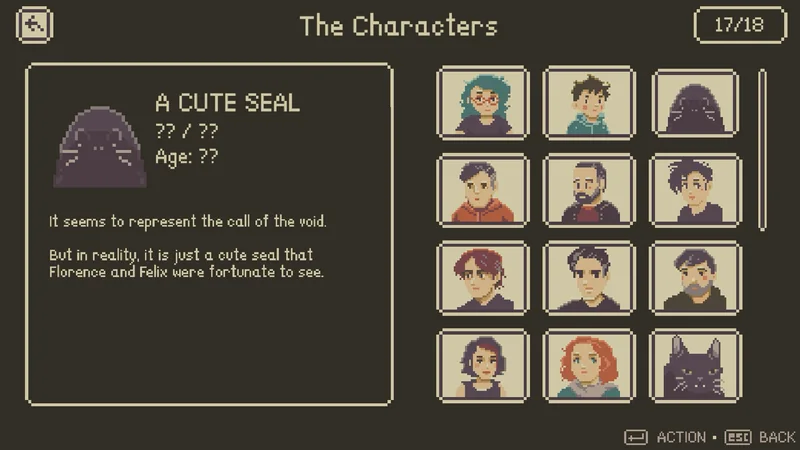 The character collection: friends, loved ones, and a cute seal.