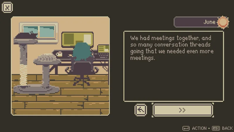 A cozy pixel-art home office.