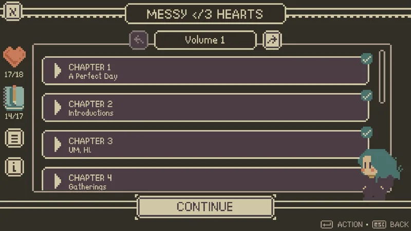 Chapter list on the Messy Hearts main menu.