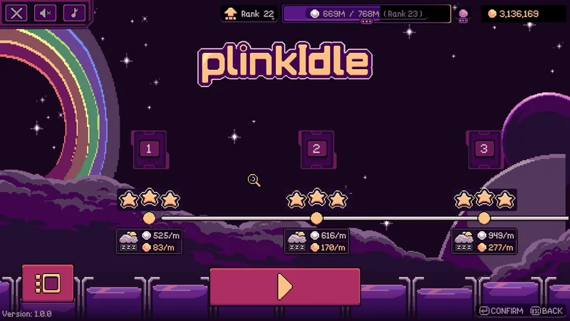 Main menu: three stage cards under a pixel rainbow.