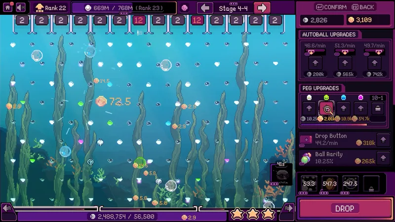 Underwater stage with swaying seaweed and floating bubbles.